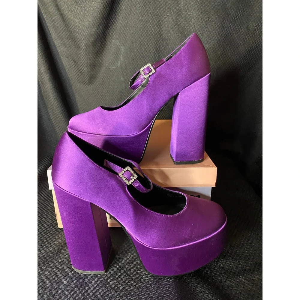 Lisa Vicky Purple Satin Platform Mary Jane Heels Rhinestone Buckle Size 10